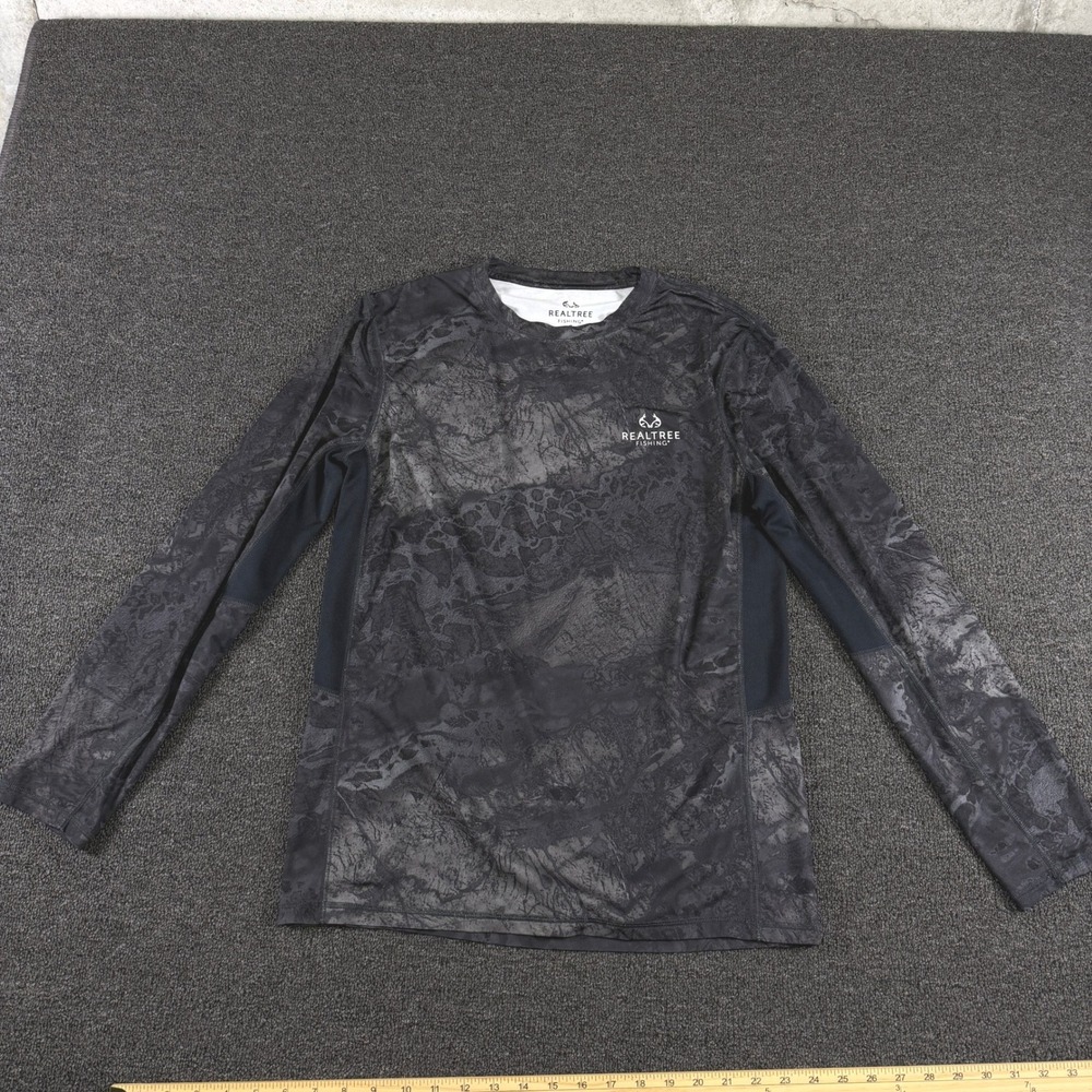 Realtree Fishing Shirt Mens M Long Sleeve Camo Black Grey Performance EUC
